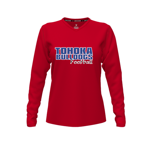 [CUS-DFW-TEES-CMF-VNK-LSL-RED-FYXS-LOGO2] Decker Comfort T-Shirt (Female Youth XS, Red, V Neck, Logo 2, Long Sleeve)