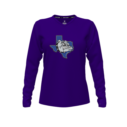 [CUS-DFW-TEES-PER-VNK-LSL-PUR-FYXS-LOGO1] Performance T-Shirt (Female Youth XS, Purple, V Neck, Logo 1, Long Sleeve)